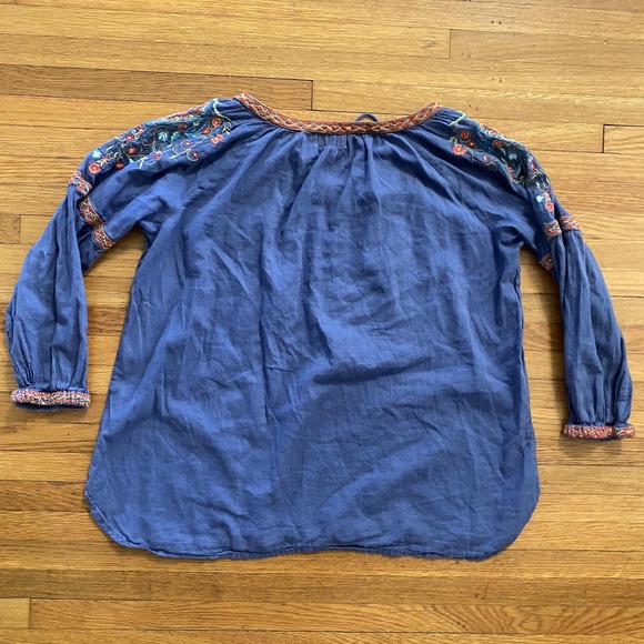 LolaSoul Shirt Womens Small Blue Boho Peasant Embroidered Tassel Tunic V Neck - Picture 11 of 12